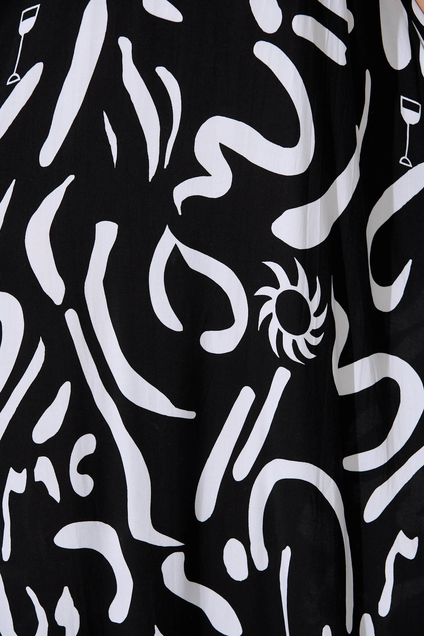 Aquila Maxi Sundress In Black Print With Black Ric Rac Trim