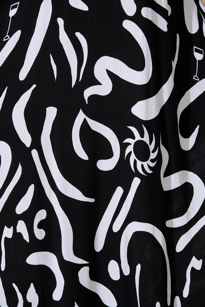 Aquila Maxi Sundress In Black Print With Black Ric Rac Trim