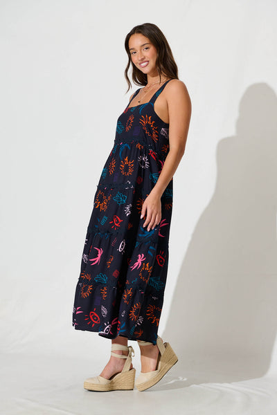 Jolie Maxi Sundress in Navy Print With Black Ric Rac Trim