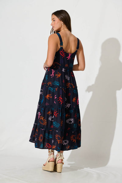 Jolie Maxi Sundress in Navy Print With Black Ric Rac Trim