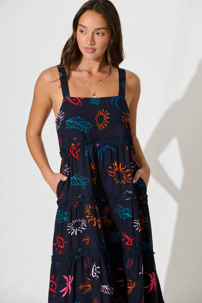 Jolie Maxi Sundress in Navy Print With Black Ric Rac Trim