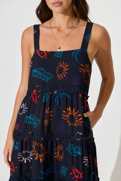 Jolie Maxi Sundress in Navy Print With Black Ric Rac Trim