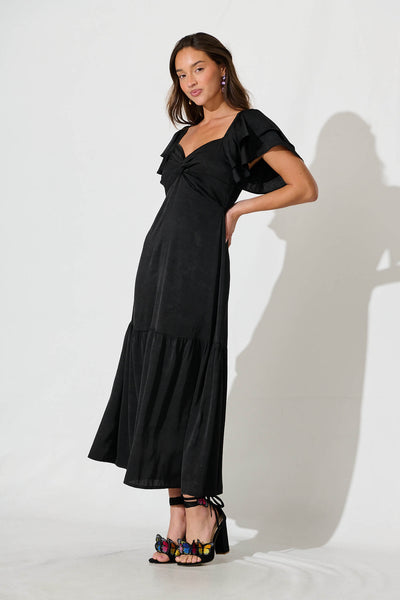 Constantine Maxi Dress In Black Crinkle Satin