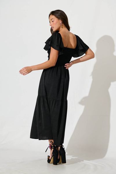 Constantine Maxi Dress In Black Crinkle Satin