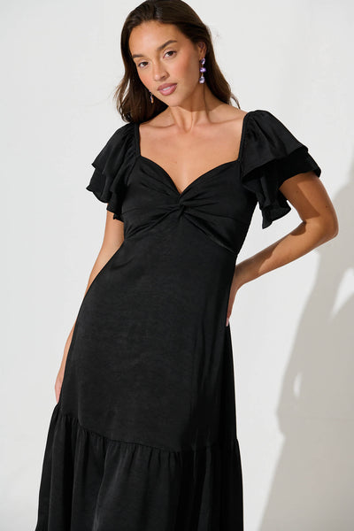 Constantine Maxi Dress In Black Crinkle Satin
