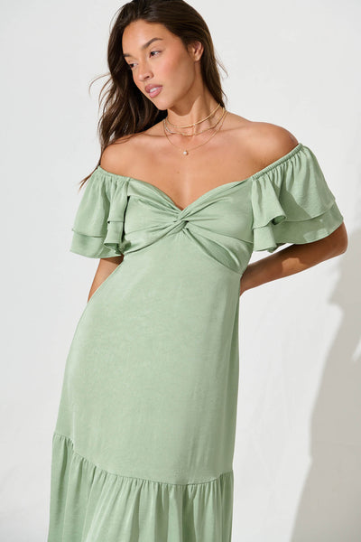 Constantine Maxi Dress In Pale Green Crinkle Satin