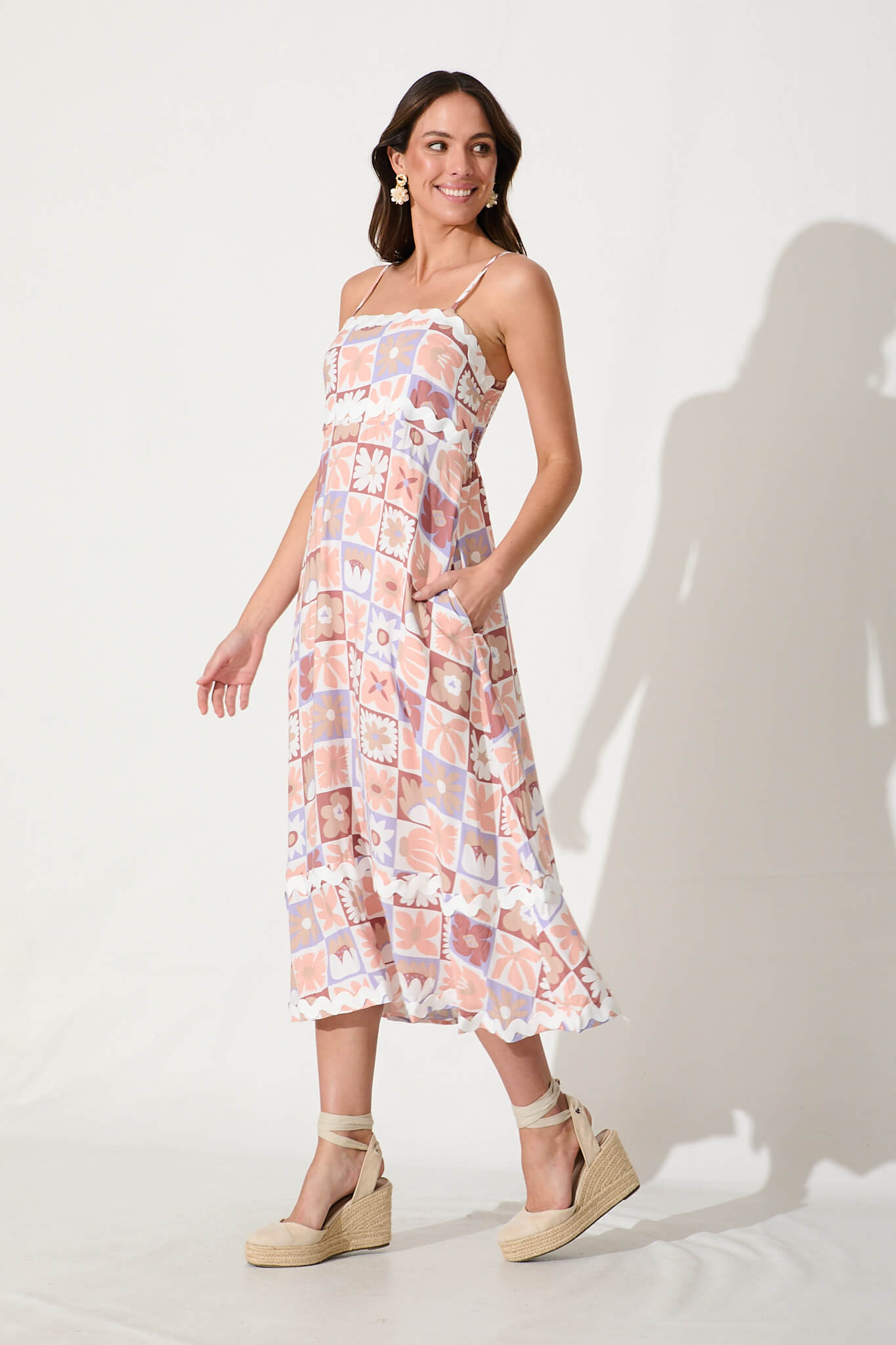 Treviso Maxi Sundress in Lilac Multi With White Ric Rac Trim