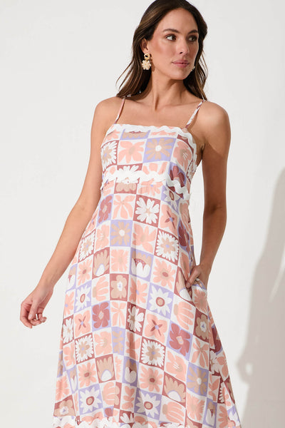 Treviso Maxi Sundress in Lilac Multi With White Ric Rac Trim