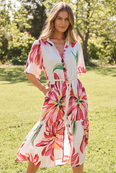 Cera Maxi Shirt Dress In White With Pink Floral