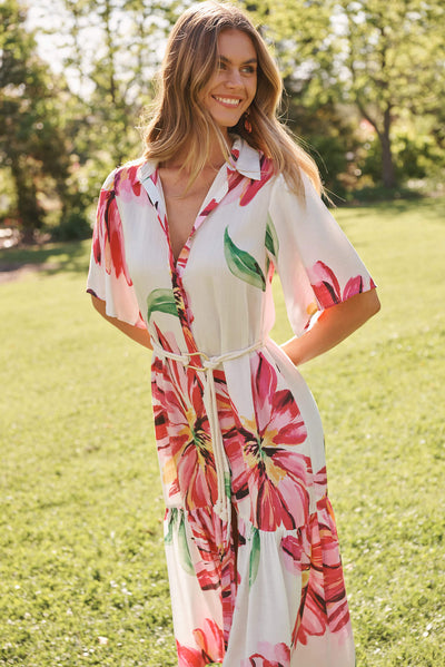 Cera Maxi Shirt Dress In White With Pink Floral