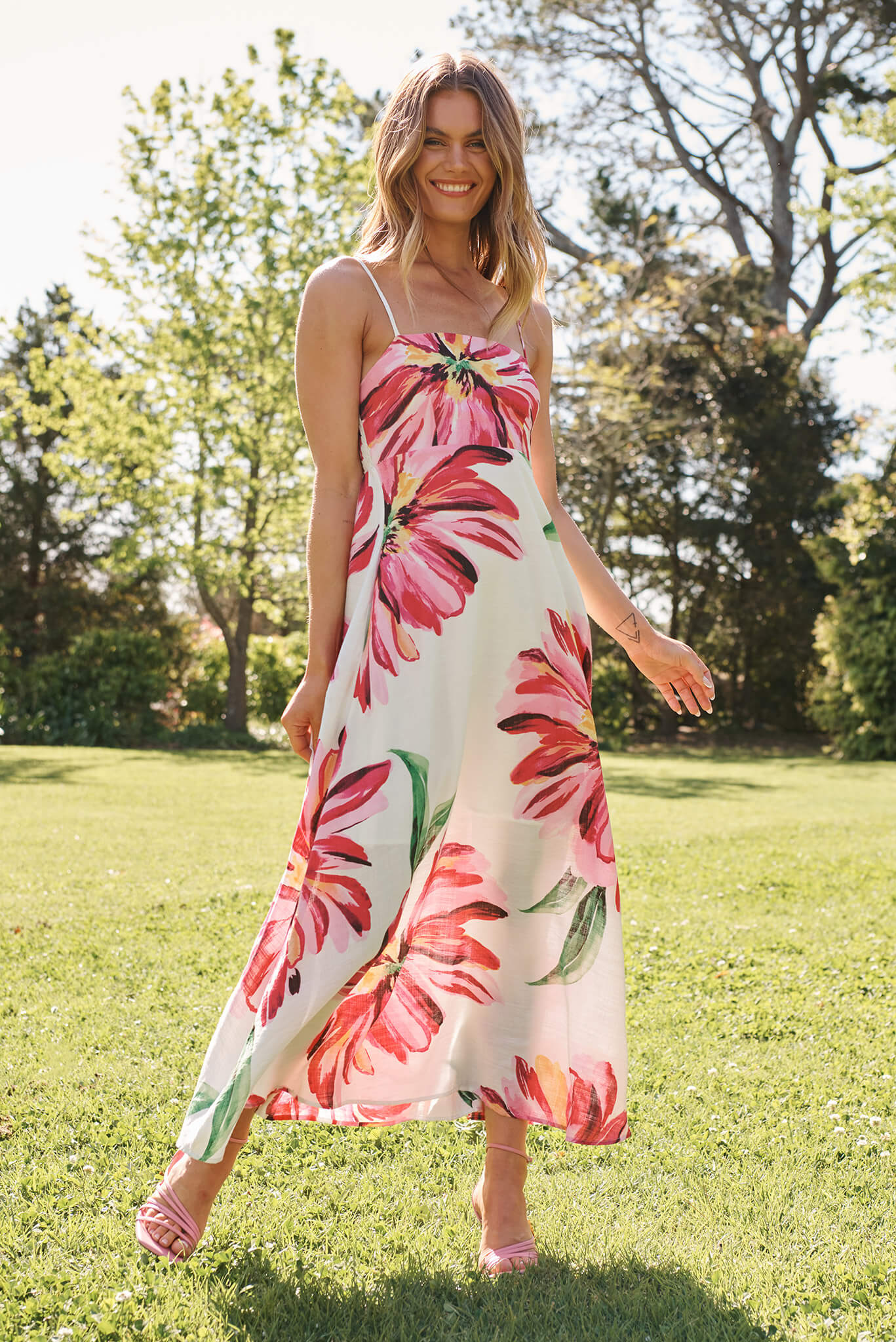 Willa Maxi Sundress In White With Pink Floral