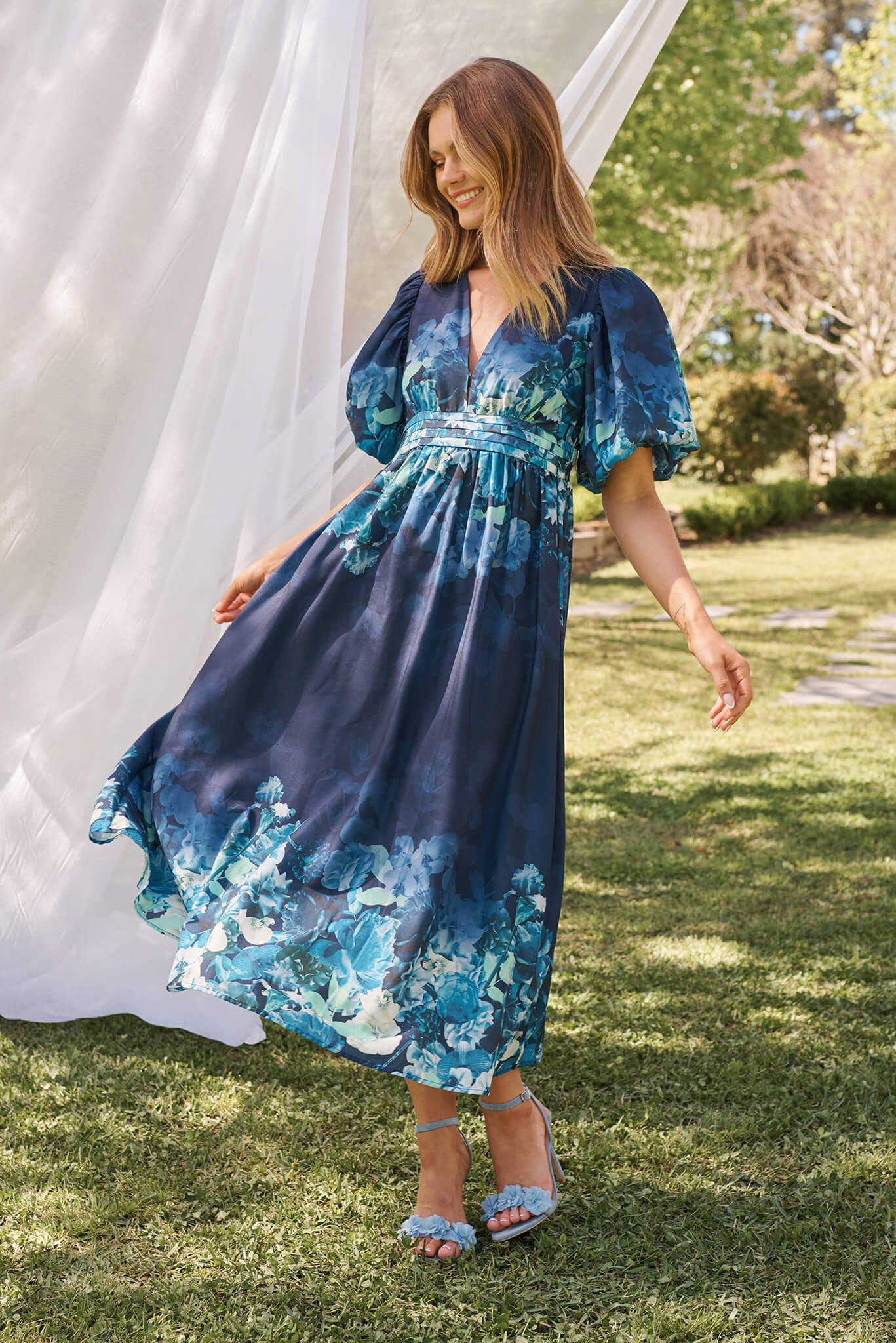 Divine Maxi Dress In Navy With Sage Multi Floral Print