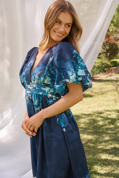 Divine Maxi Dress In Navy With Sage Multi Floral Print
