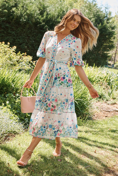 Pambula Maxi Dress In White With Pink And Blue Floral