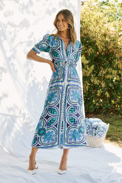 Halswell Maxi Shirt Dress In Blue And Green Tile Print