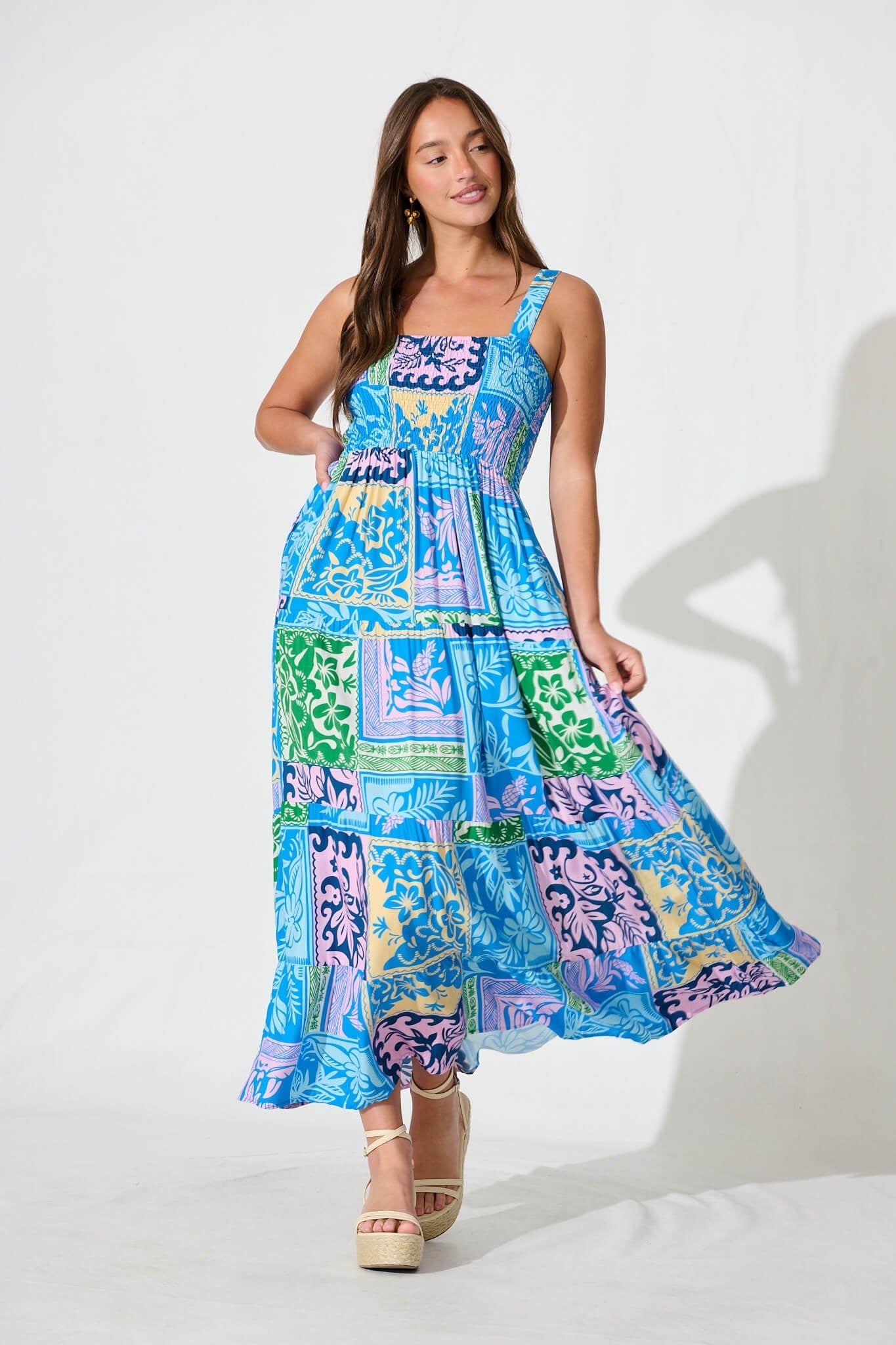 Panola Maxi Sundress In Blue With Multi Tile Print