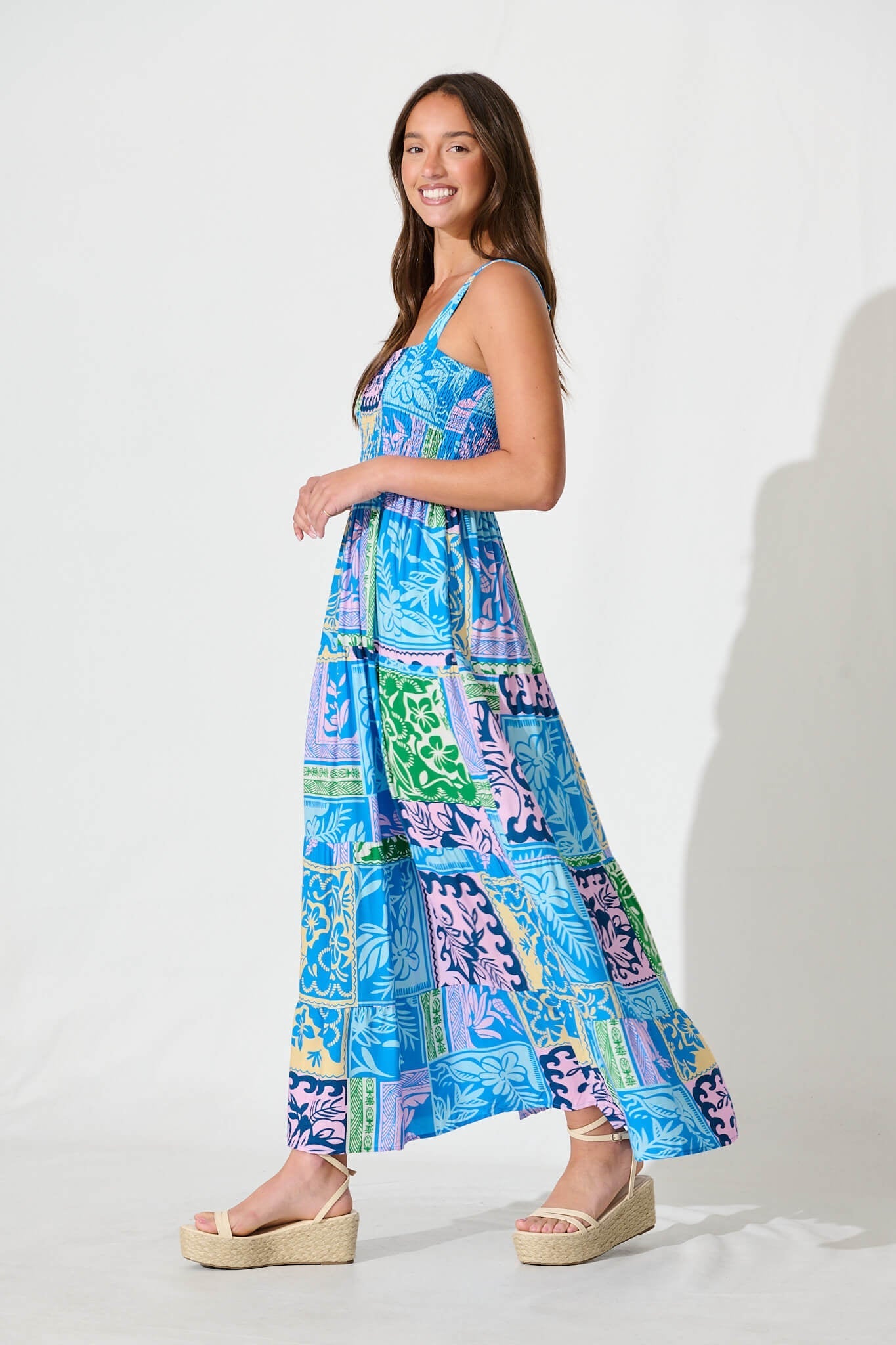 Panola Maxi Sundress In Blue With Multi Tile Print