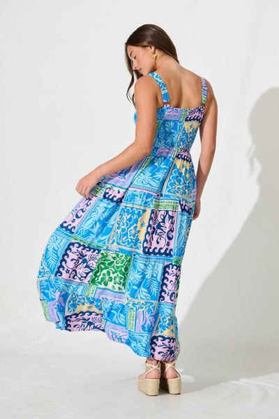 Panola Maxi Sundress In Blue With Multi Tile Print