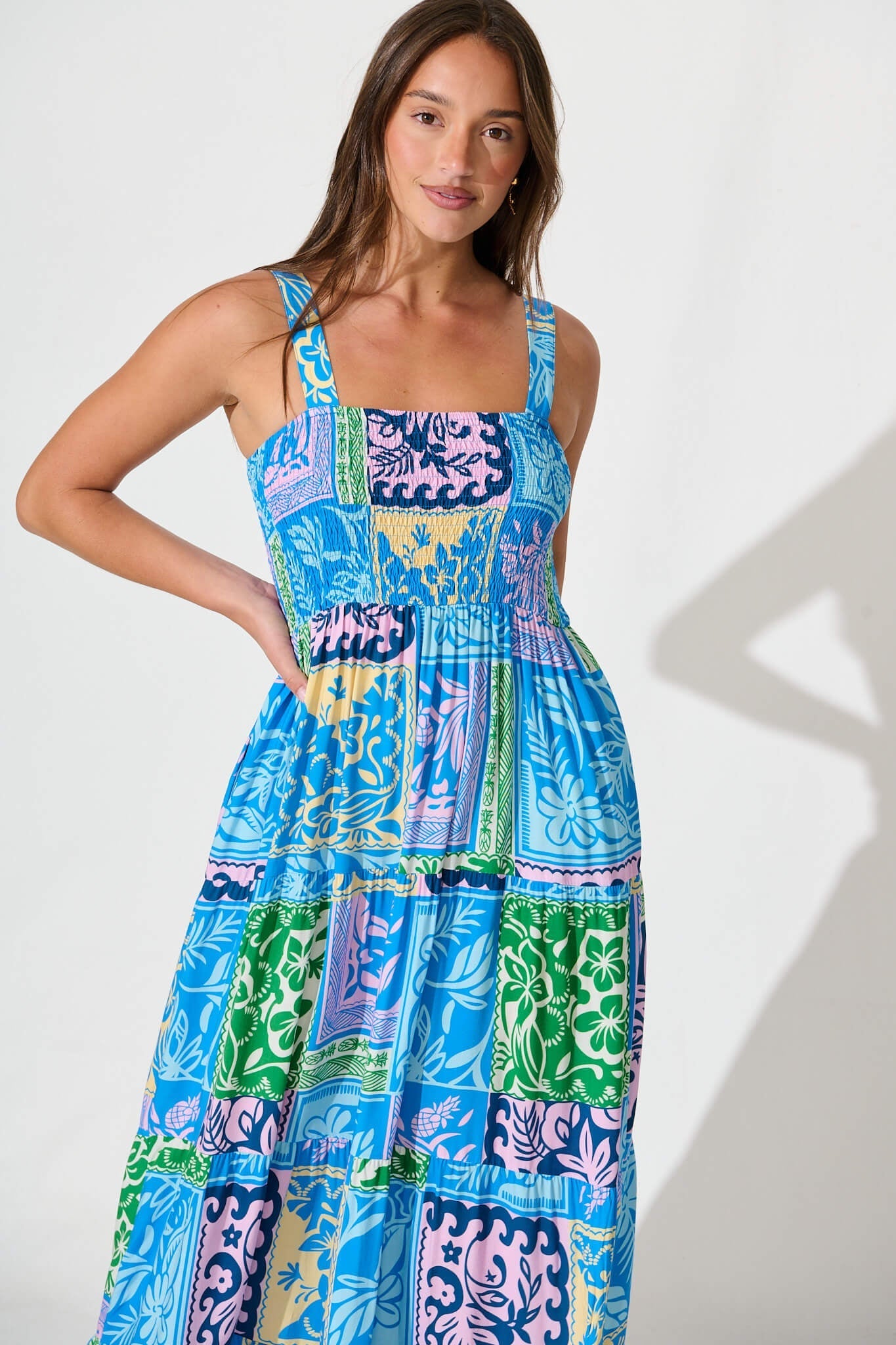 Panola Maxi Sundress In Blue With Multi Tile Print