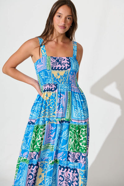 Panola Maxi Sundress In Blue With Multi Tile Print