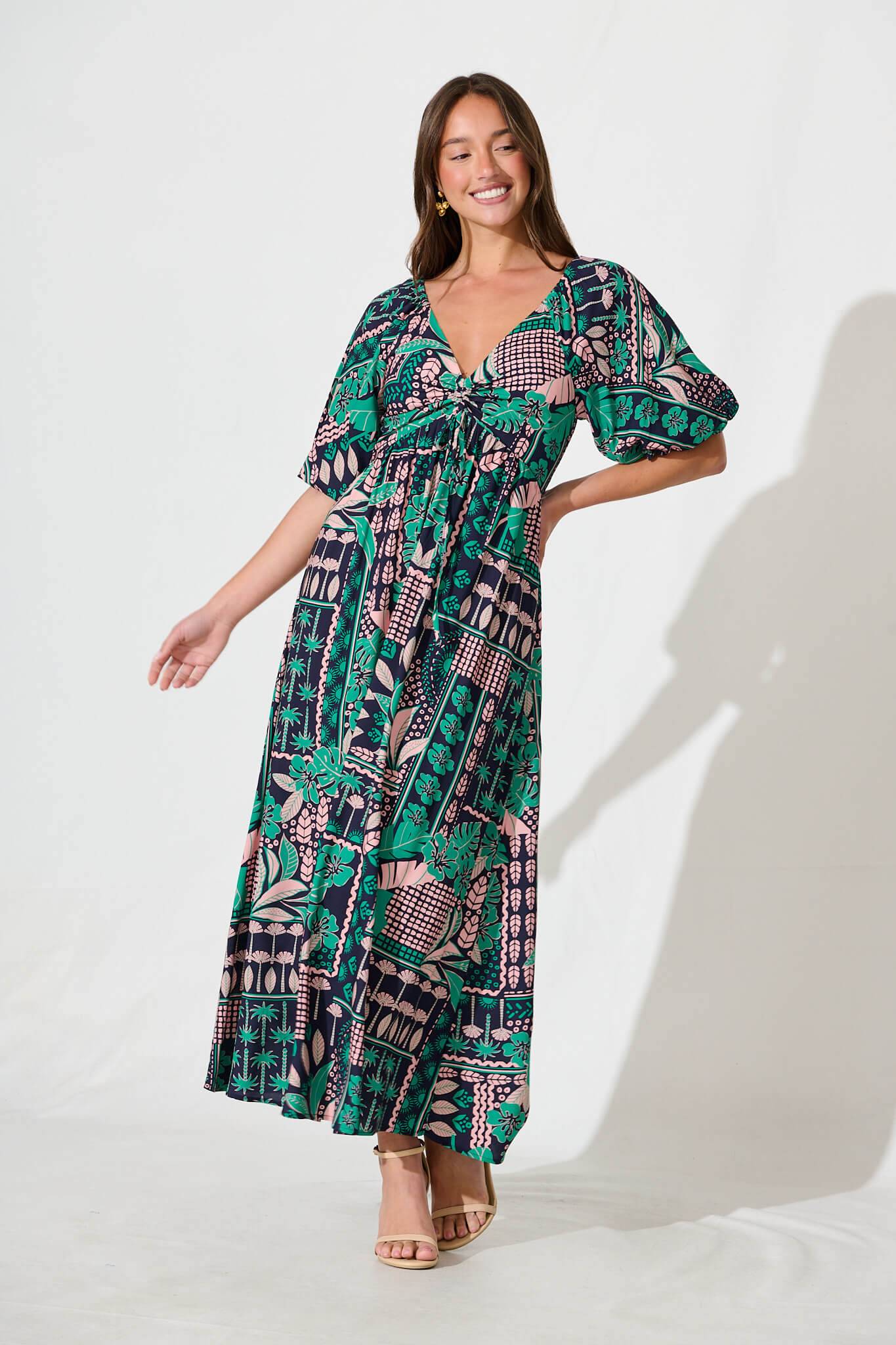 Coverdale Maxi Dress In Navy With Green And Blush Patchwork