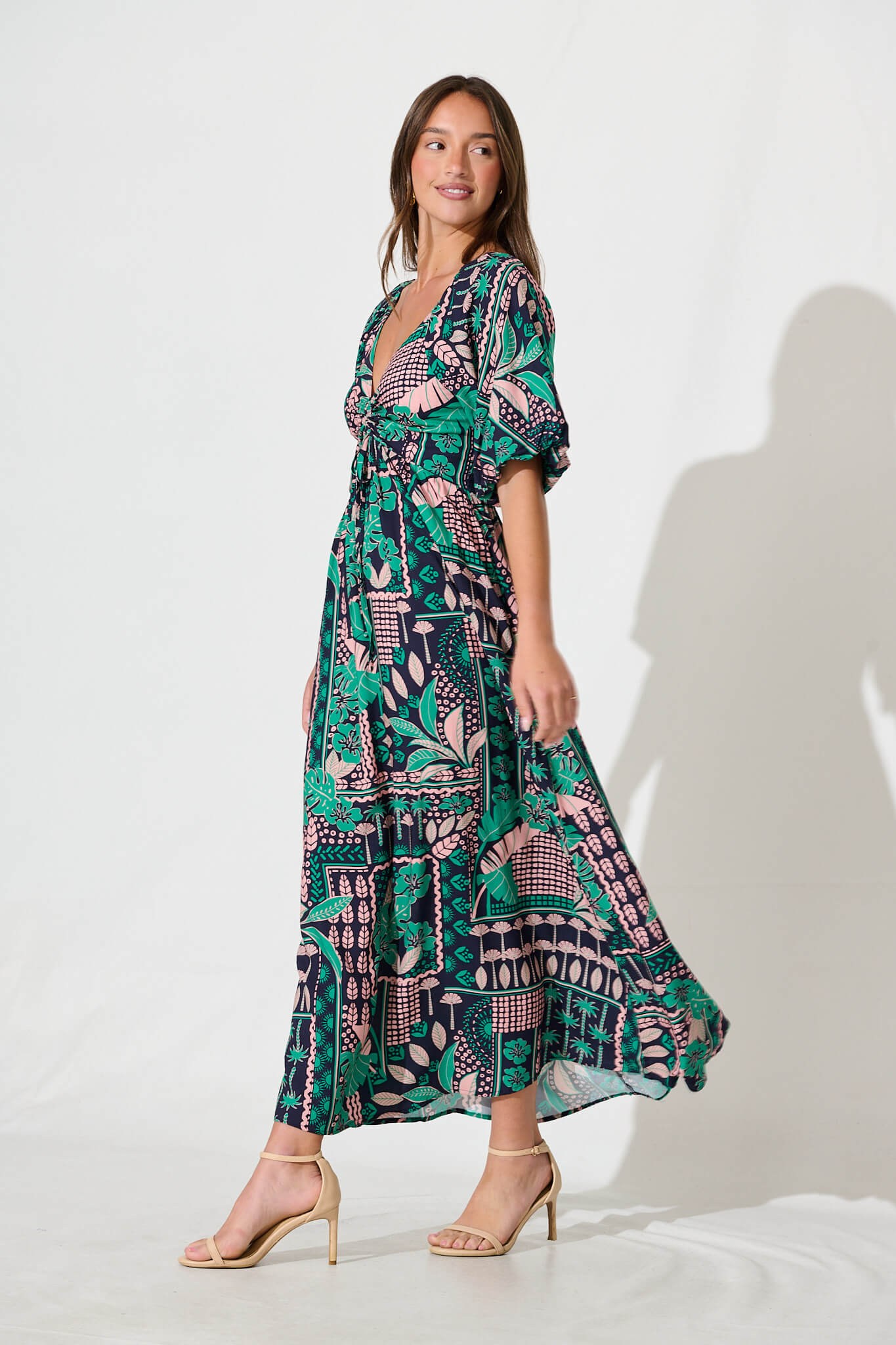Coverdale Maxi Dress In Navy With Green And Blush Patchwork