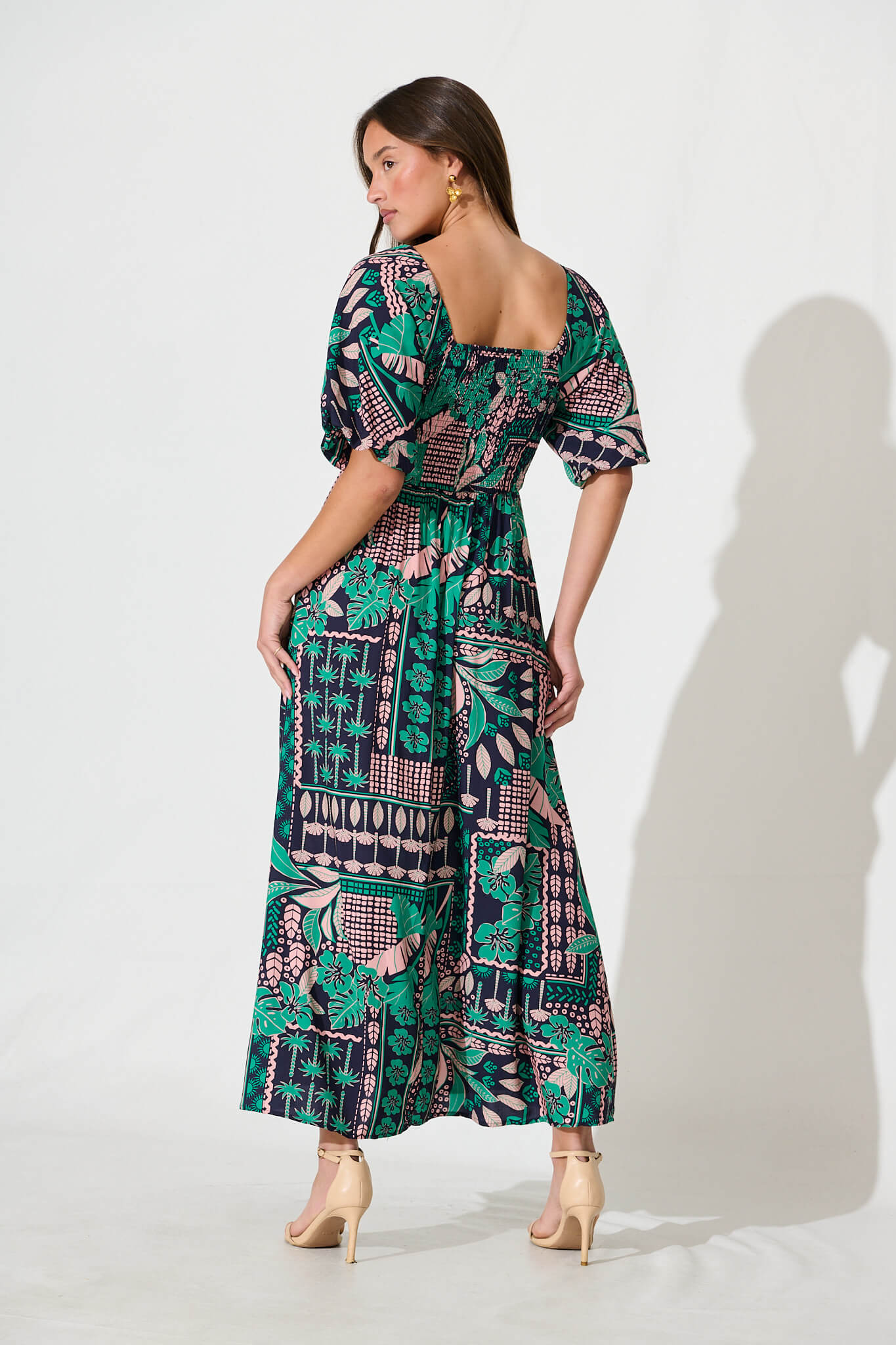 Coverdale Maxi Dress In Navy With Green And Blush Patchwork