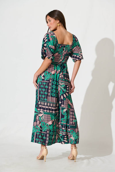 Coverdale Maxi Dress In Navy With Green And Blush Patchwork