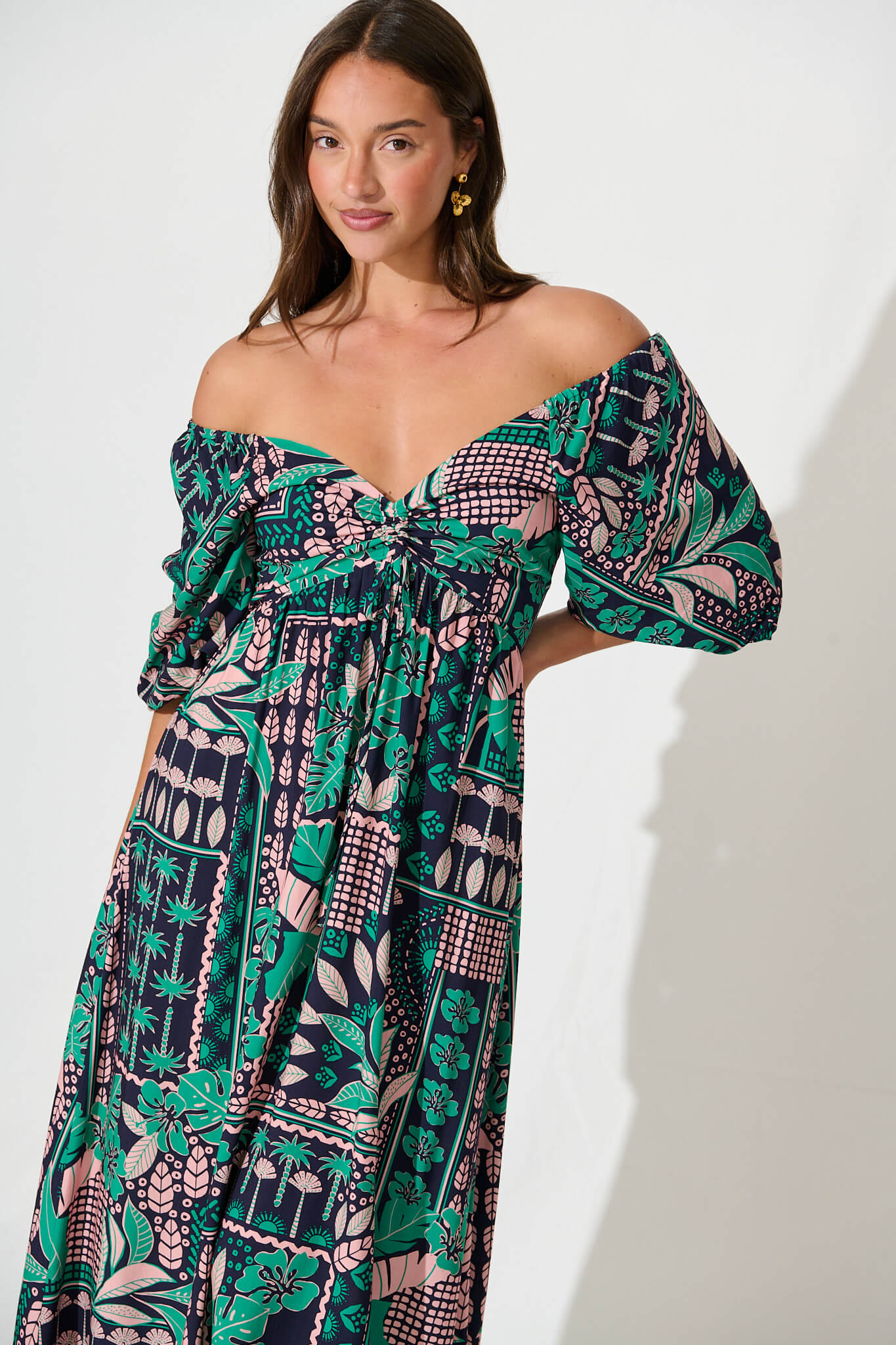 Coverdale Maxi Dress In Navy With Green And Blush Patchwork