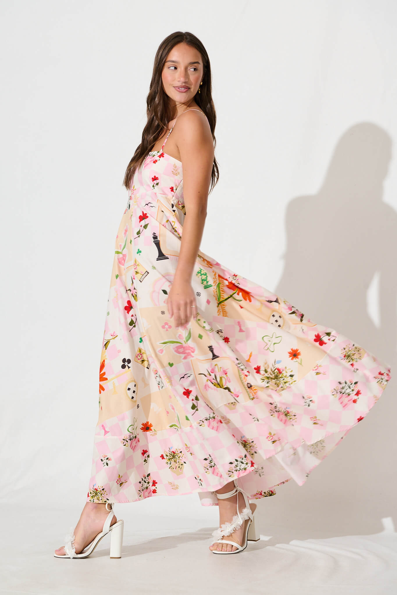 Ruthie Maxi Sundress In Multi With Pink Floral Cotton