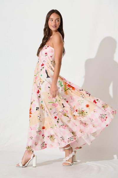 Ruthie Maxi Sundress In Multi With Pink Floral Cotton