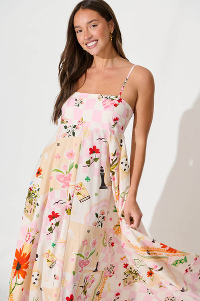 Ruthie Maxi Sundress In Multi With Pink Floral Cotton