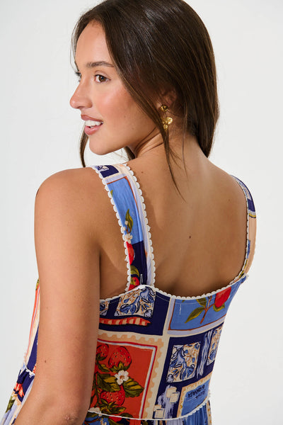 Jenelle Maxi Sundress in Blue Multi Postcard Print