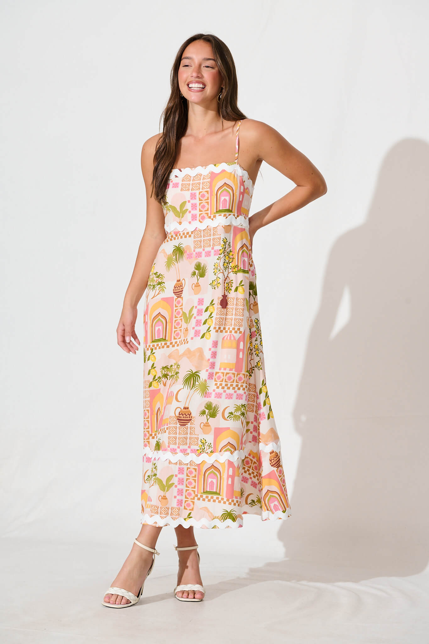 Treviso Maxi Sundress In Multi Beige Print With Ric Rac