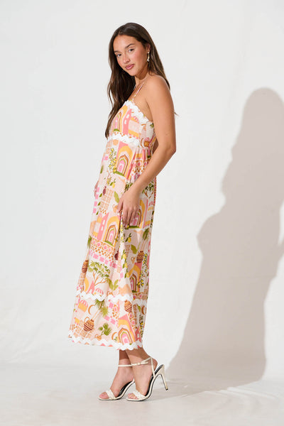 Treviso Maxi Sundress In Multi Beige Print With Ric Rac