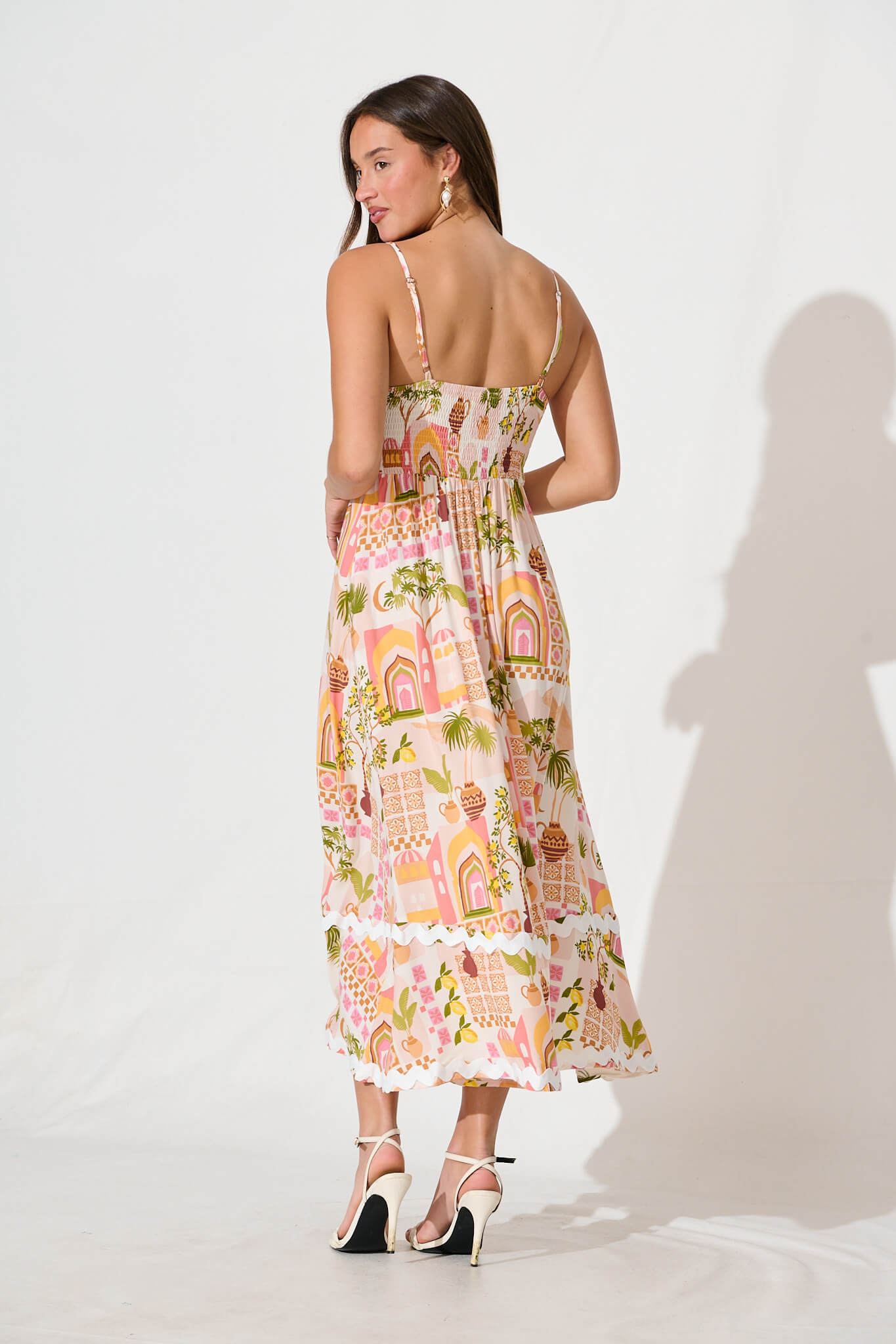 Treviso Maxi Sundress In Multi Beige Print With Ric Rac