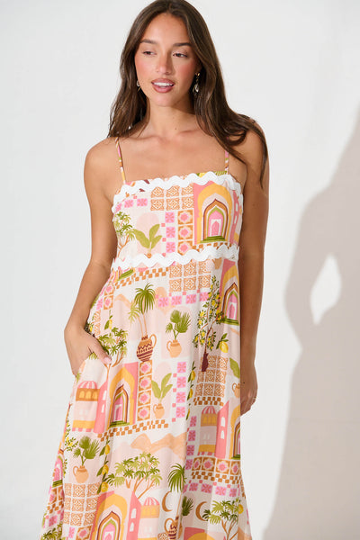 Treviso Maxi Sundress In Multi Beige Print With Ric Rac