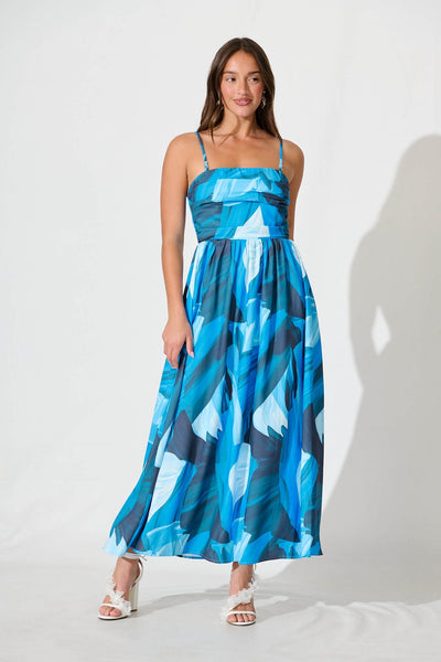 Angel Maxi Sundress In Blue And Navy Brush Stroke Print