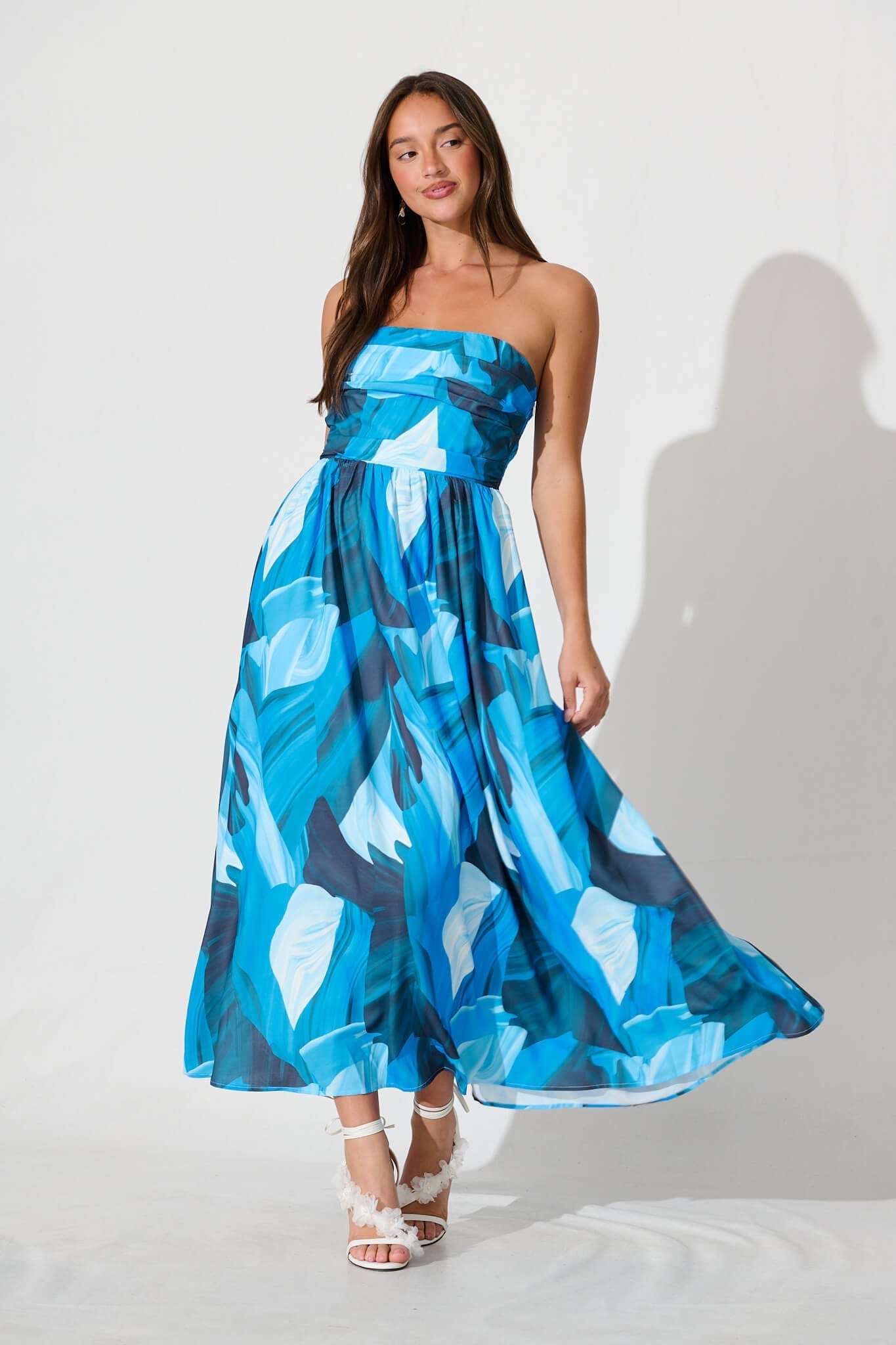 Angel Maxi Sundress In Blue And Navy Brush Stroke Print