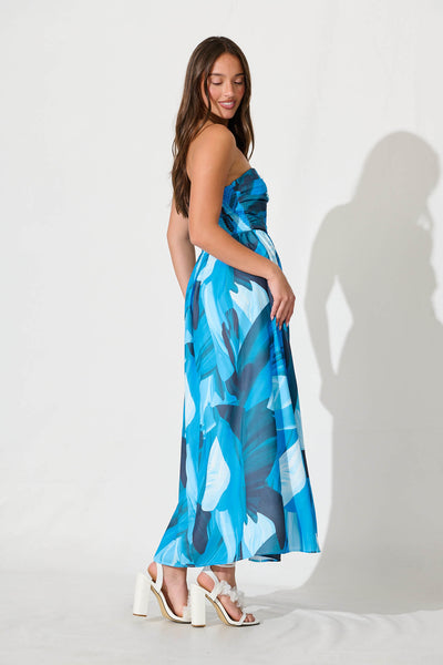 Angel Maxi Sundress In Blue And Navy Brush Stroke Print