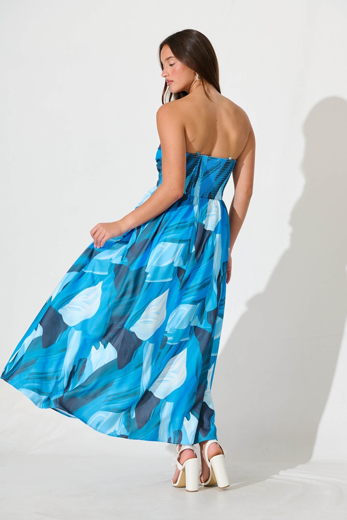 Angel Maxi Sundress In Blue And Navy Brush Stroke Print