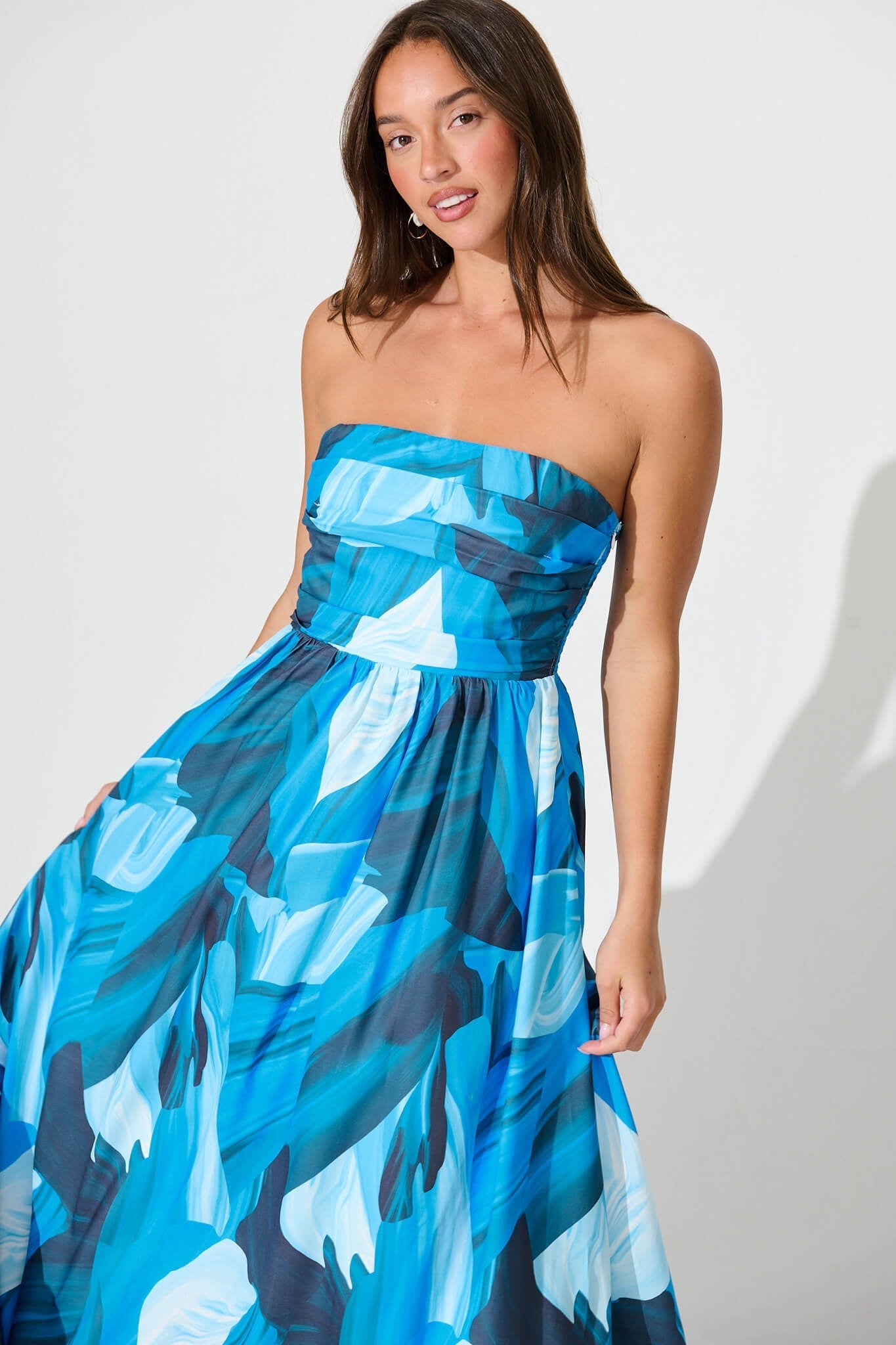 Angel Maxi Sundress In Blue And Navy Brush Stroke Print