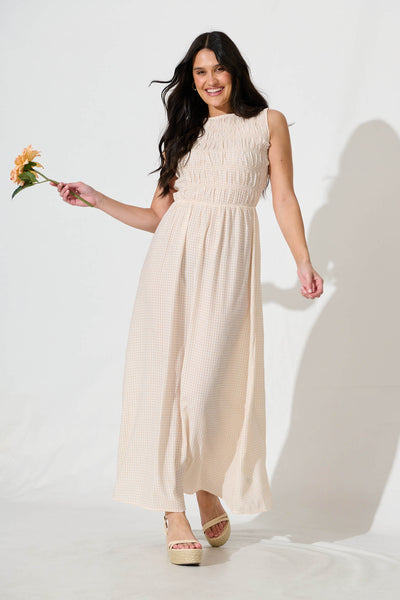 Ionia Maxi Dress in Beige and White Gingham