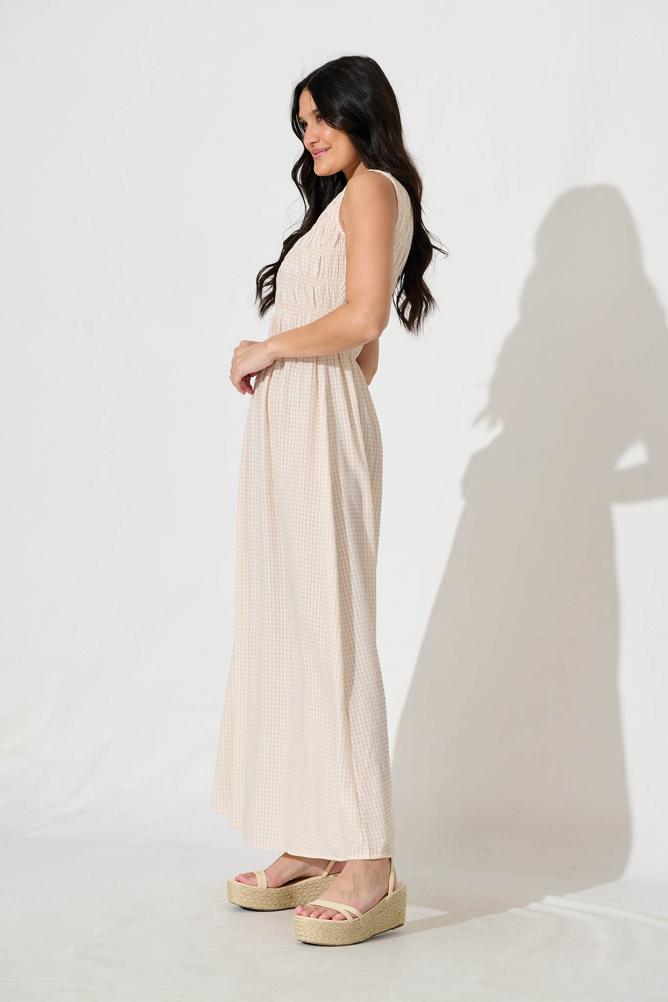 Ionia Maxi Dress in Beige and White Gingham