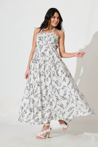 Luisa Maxi Sundress In White with Black Sketch Print