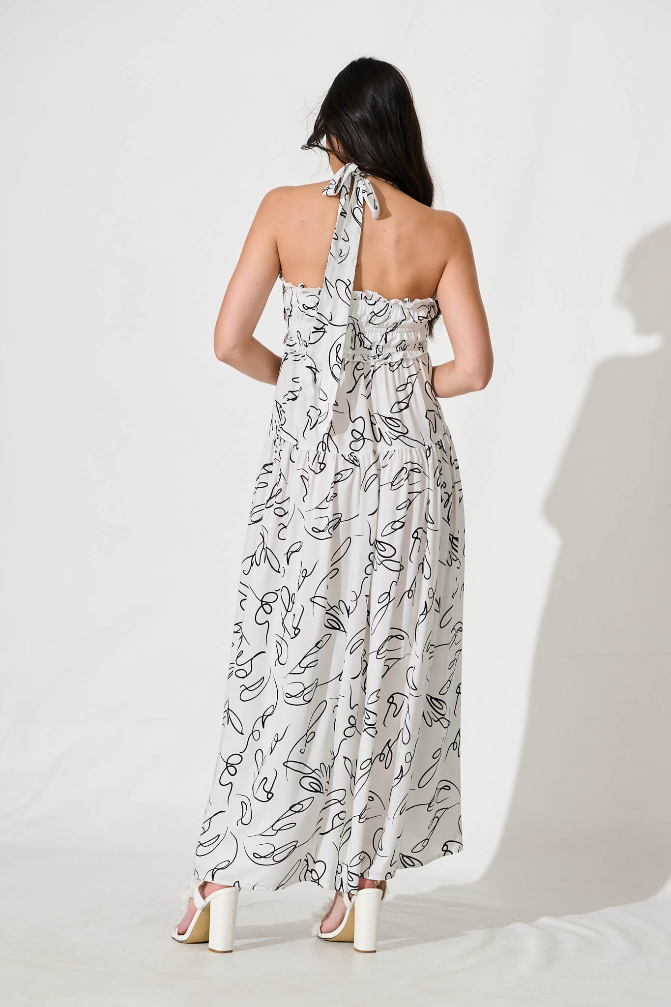 Luisa Maxi Sundress In White with Black Sketch Print