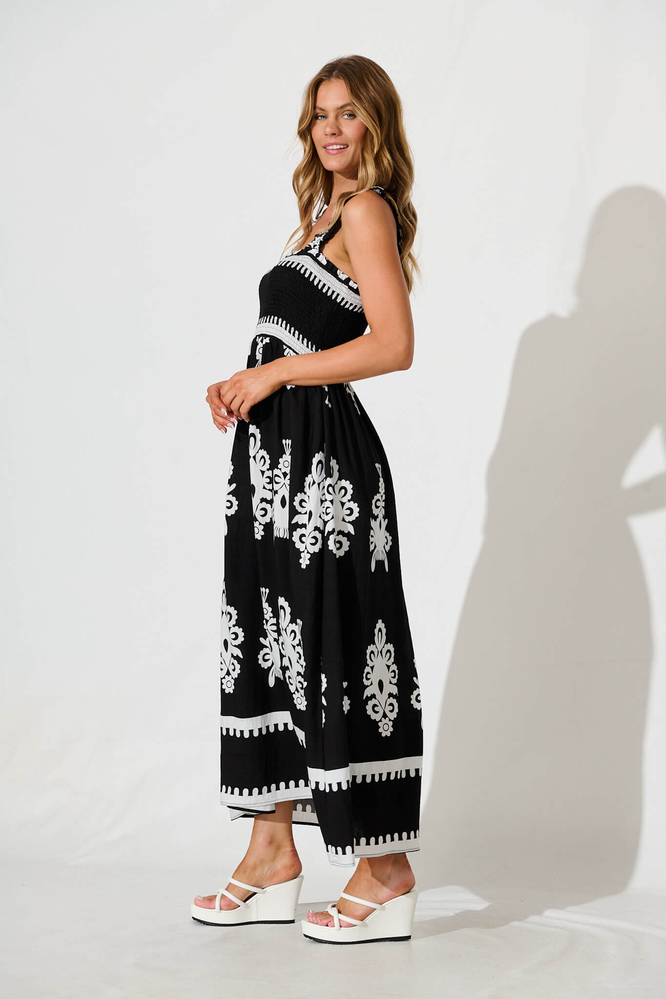 Evanston Maxi Dress In Black With White Print