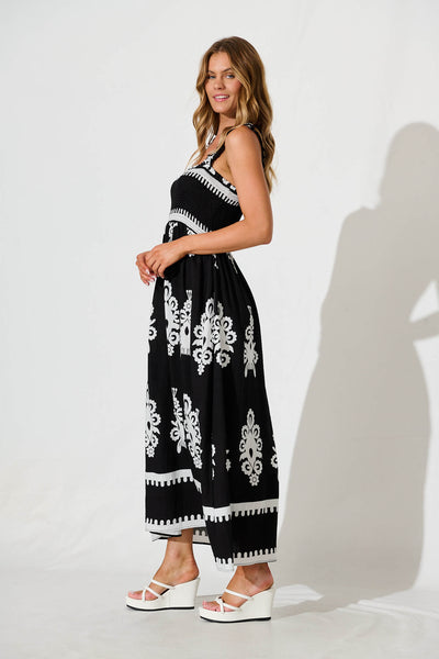 Evanston Maxi Dress In Black With White Print