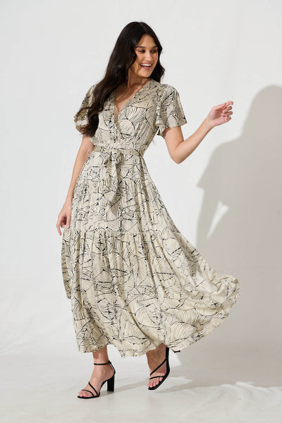 Heidi Maxi Dress in Cream with Black Leaf Satin