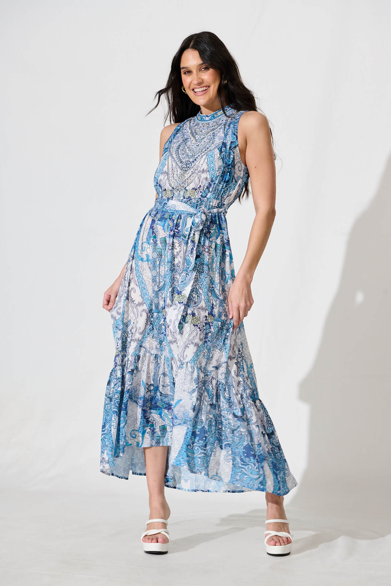 Codami Maxi Dress in Multi Blue with Gemstones